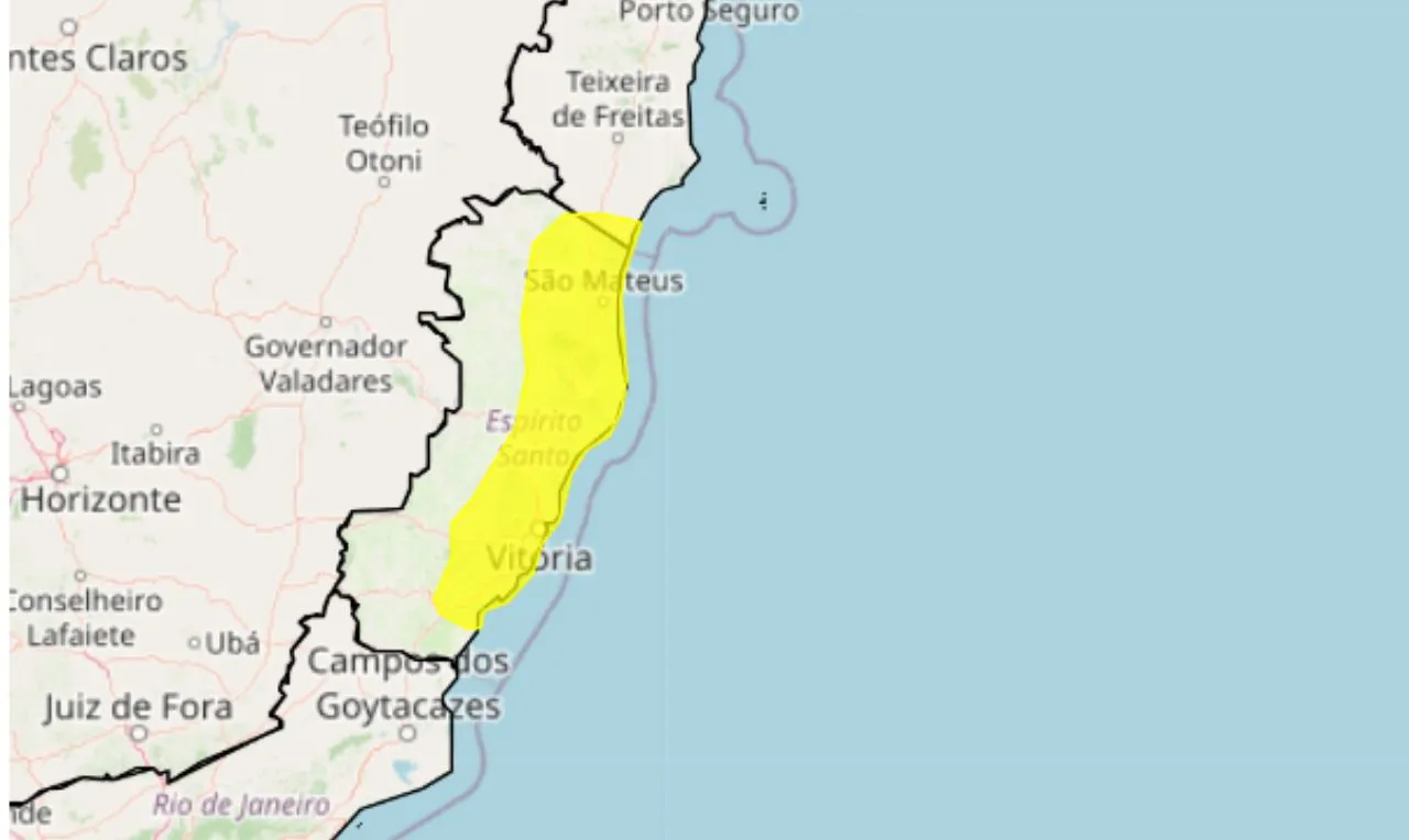 o mapa mostra as áreas em alerta para temporais e chuva intensa
